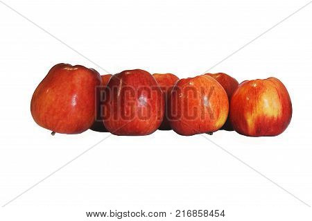 Apples. Expanded into the ranks one after another. Apples are ripe and shiny. The color is dark red with yellow. Smooth outline. Background white isolated.
