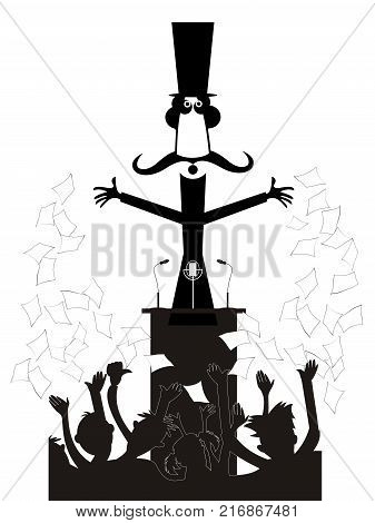 Man stays on the tribune in front the crowd of the people and makes a speech isolated. Mustache man in the top hat stays on the tribune in front the crowd of the people and makes a speech