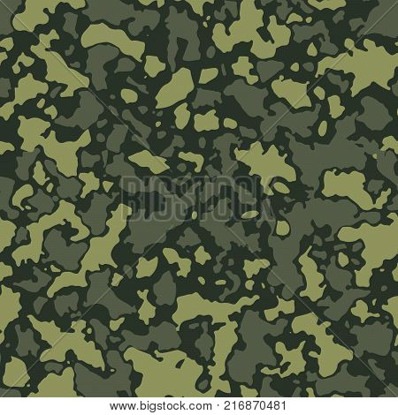 Seamless camouflage pattern with mosaic of abstract stains. Military and army camo background in green or khaki shade.