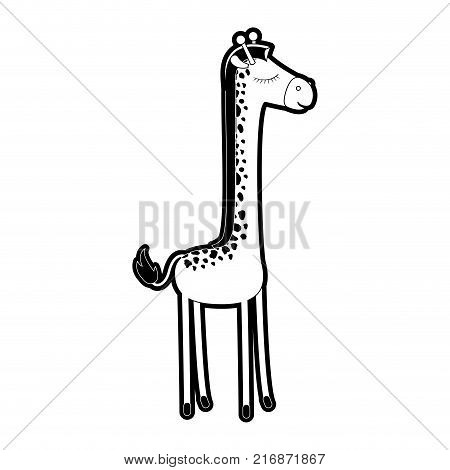 female giraffe cartoon with closed eyes expression in black silhouette with thick contour vector illustration