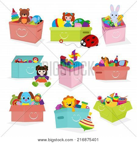 Kids toys box vector baby container with toyshop teddy bear play in babyroom boxes set illustration isolated on white background.