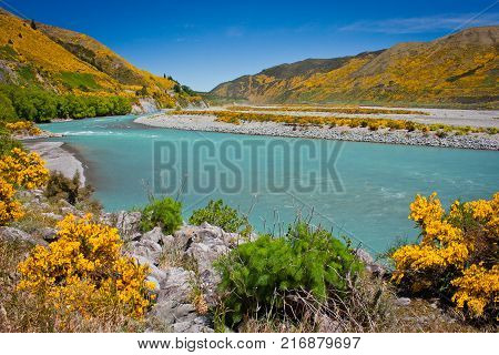 Summer time at Waiau river at Hanmer Springs town, New Zealand