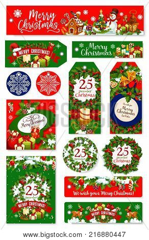 Merry Christmas greeting banners, cards or tags of Xmas wishes for happy winter holidays celebration. Vector Christmas tree wreath garland decoration, snowman and Santa New Year Santa presents
