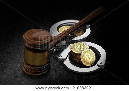 Wooden gavel and Bitcoin stacks in handcuffs. Possible scenario of global BTC prohibition concept. 3D rendering
