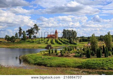 Aglona church in Latvia. Summer landscape. Panoramic view. Latgale