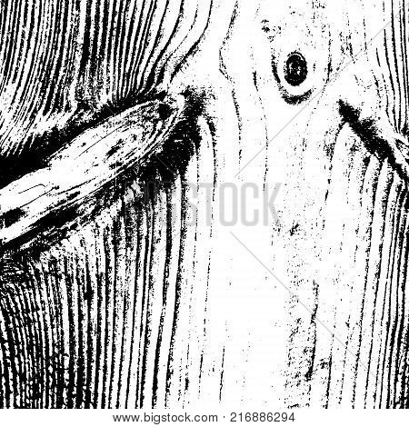 Grunge old wood black cover template. Wooden dry planks distressed overlay texture with knot. Weathered rural grainy timber backdrop. Aged dried board creative element. EPS10 vector.