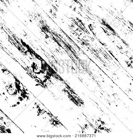 Aged dried board creative element. Grunge old wood black cover template. Wooden dry planks diagonal distressed overlay texture with knot. Weathered rural grainy timber backdrop. EPS10 vector.