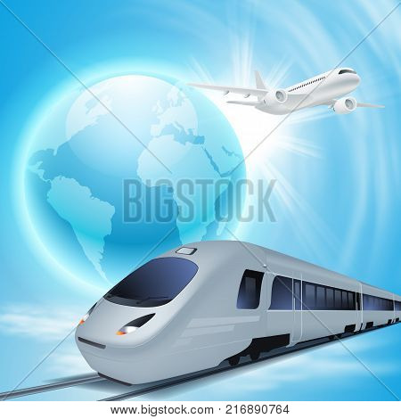 High-speed train and airplane in the sky. Concept travel illustration. EPS10 vector.