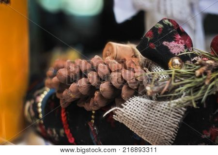 pine nuts, pine branches, cedar cone on a linen cloth
