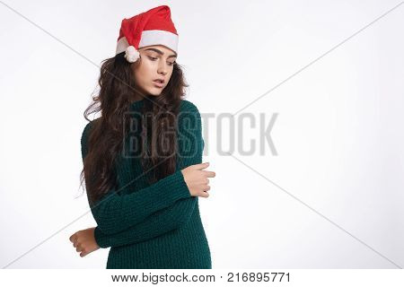beautiful woman, bright background, free space for copy, new year, christmas.