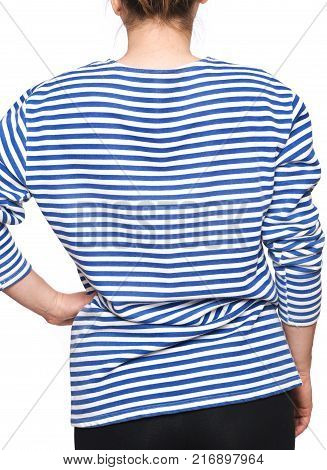 Young woman is wearing long sleeved telnyashka russian navy striped shirt isolated on white background