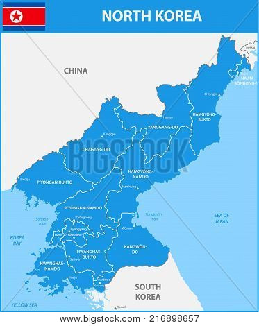 The detailed map of the North Korea with regions or states and cities, capital. Included part of China, Russia, South Korea
