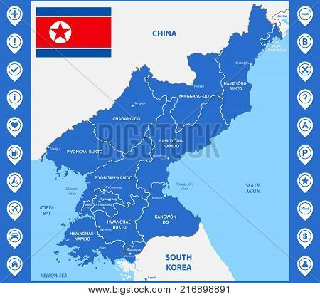 The detailed map of the North Korea with regions or states and cities, capital. Included part of China, Russia, South Korea