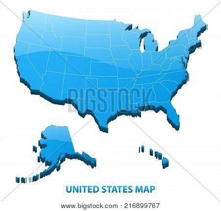 Highly detailed three dimensional map of USA with regions border. United States of America.
