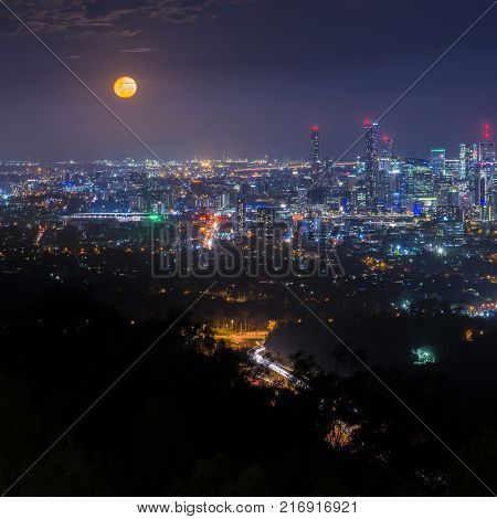 View Of Brisbane And Surrounding Suburbs From Mount Coot-tha At Night.