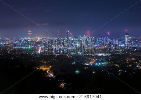 View Of Brisbane And Surrounding Suburbs From Mount Coot-tha At Night.