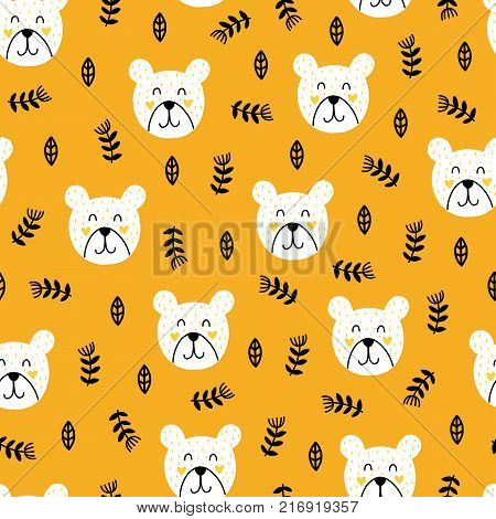 Seamless scandinavian pattern. Vector kids background with bear and different elements. Design for prints, shirts and posters.