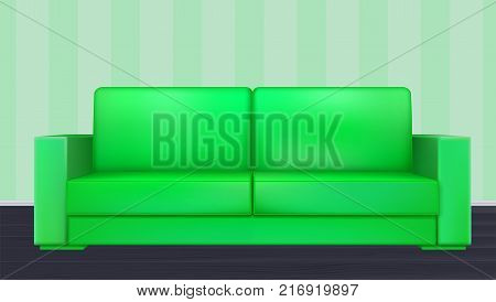 Green modern luxury sofa for living room, reception or lounge. Realistic icon of single object in room on background of wallpaper with stripes, 3D illustration