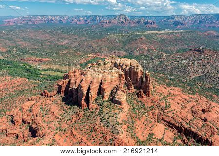 Aerial view of Cathedral Rock formation at Oak Creek in Sedona Arizona.