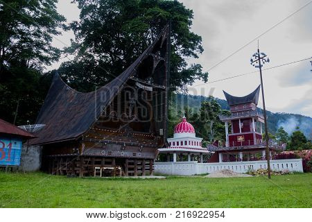 SUMATRA, INDONESIA - 16 SEPTEMBE 2017 : Ethnic traditional Batak House in Toba Lake of Sumatra Indonesia. Batak stands for the ethnic people living in the northern part of Sumatra Island of Indonesia.