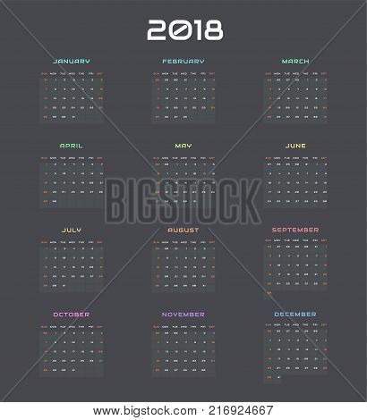 New 2018 year vector calendar on dark background in minimal simple style. Week starts in Sunday color names twenty month calendar. Work and holiday events planner business organizer template