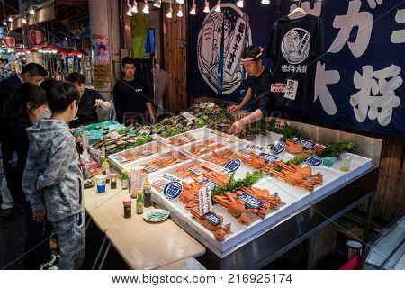 Kanazawa - Japan, June 8, 2017: Fresh seafood and king crabs are sold at the Omicho Market 