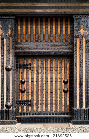 Kanazawa - Japan, June 9, 2017: Beautiful decorated traditional wooden door in Kanasawa castle  