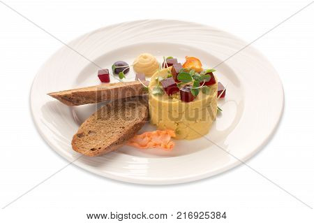 Molecular modern cuisine vegetable salad. Stock image. Isolated on white.Lentil hummus and bread isolated on white background