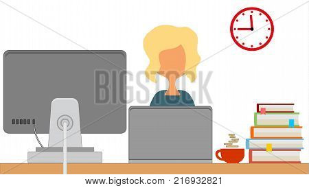 People working at the computer. Businessman. Office. Realistic workplace organization. Vector illustration.