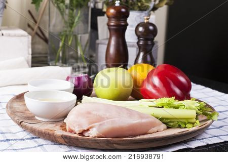 Chicken salad with fruits and vegetables. Stock images.