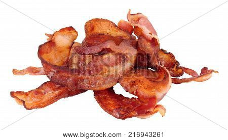 Fried streaky bacon slices isolated on a white background