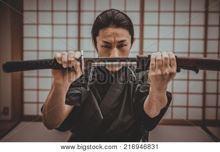 Samurai Training In A Traditional Dojo, In Tokyo