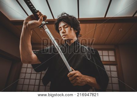 Samurai Training In A Traditional Dojo, In Tokyo