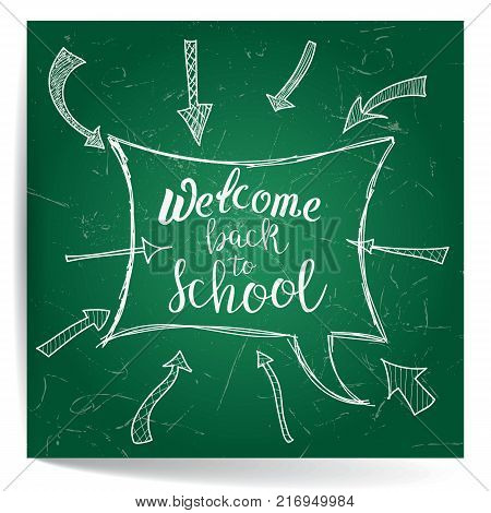 Welcome Back To School. Calligraphic Quote. Typographic Design. White Hand Lettering Text On Green Blackboard With Retro Speech Bubble Skech And Arrows. For Your Design. Vector