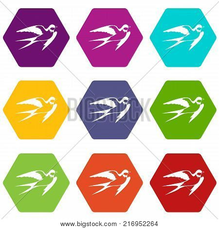 Barn swallow icon set many color hexahedron isolated on white vector illustration