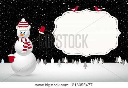 Christmas template. night landscape with snowman christmas treees on snowy night background and space for text. Vector illustration template.