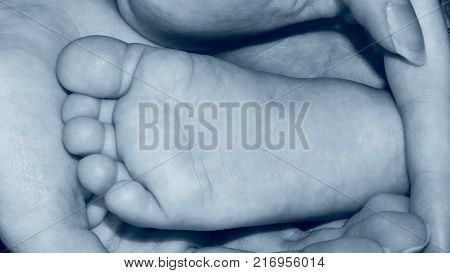 Little baby's foot on female hands closeup