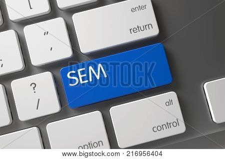 SEM Concept Modern Keyboard with SEM on Blue Enter Keypad Background, Selected Focus. 3D Illustration.