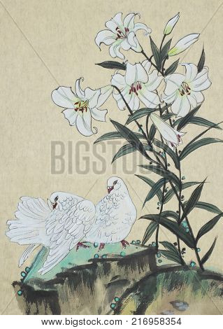 two white pigeons and a white lily flower painted in Chinese style