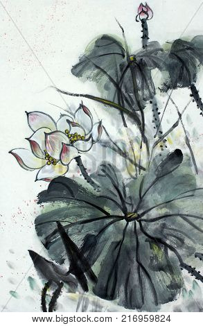 lotus flower painted in Chinese style ink