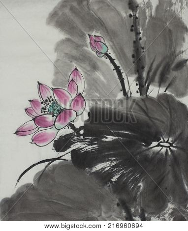 bright lotus flower painted in Chinese style