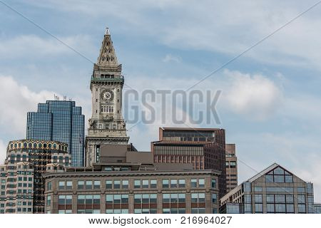 View of the historic Custom House skyscraper clock tower in skyline of Boston, Massachusetts USA