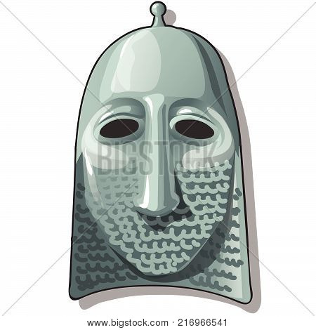 Slavic warrior hat or helmet with hauberk or chain armour isolated on white background. Vector cartoon close-up illustration.