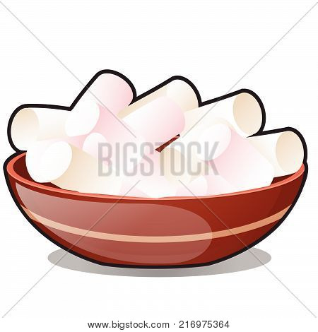 A bunch of marshmallows in a clay bowl isolated on white background. Vector cartoon close-up illustration.