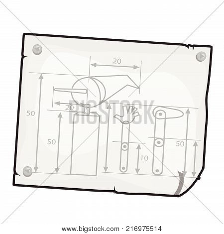 Drawing component to build the wooden puppet with long nose on the old sheet of paper with ragged edges isolated on white background. Object of carpentry workshop. Vector cartoon close-up illustration
