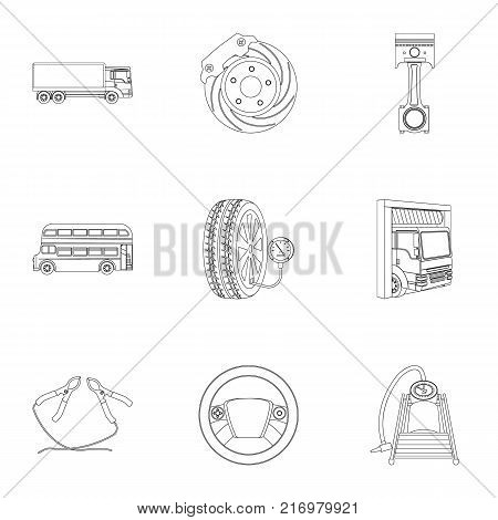 Car, lift, pump and other equipment outline icons in set collection for design. Car maintenance station vector symbol stock illustration .