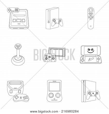 Game console and virtual reality outline icons in set collection for design.Game Gadgets vector symbol stock illustration.