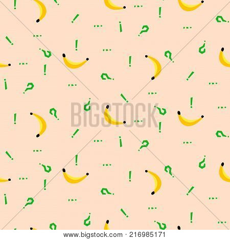 Banana and punctuation marks simple vetor seamless background. Textile fabric green yellow fruit pattern. Baby simple apparel and linen design.
