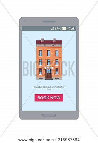 Book now mobile application representing a picture of building with additional information below and button on vector illustration