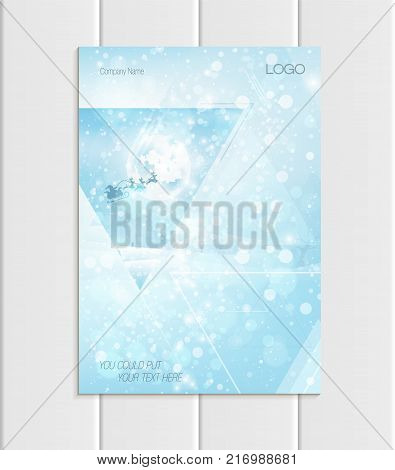 Stock vector brochure A4 or A5 format design Christmas triangles silhouette Santa Claus in sleigh reindeer winter landscape New Year 2018 full moon night background for printed element corporate style.